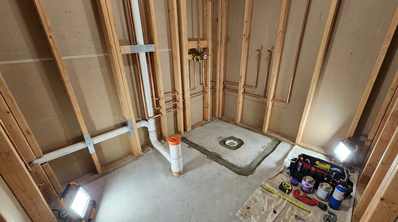 Bathroom rough-in plumbing during remodel by Johns Plumbing LLC in Dallesport