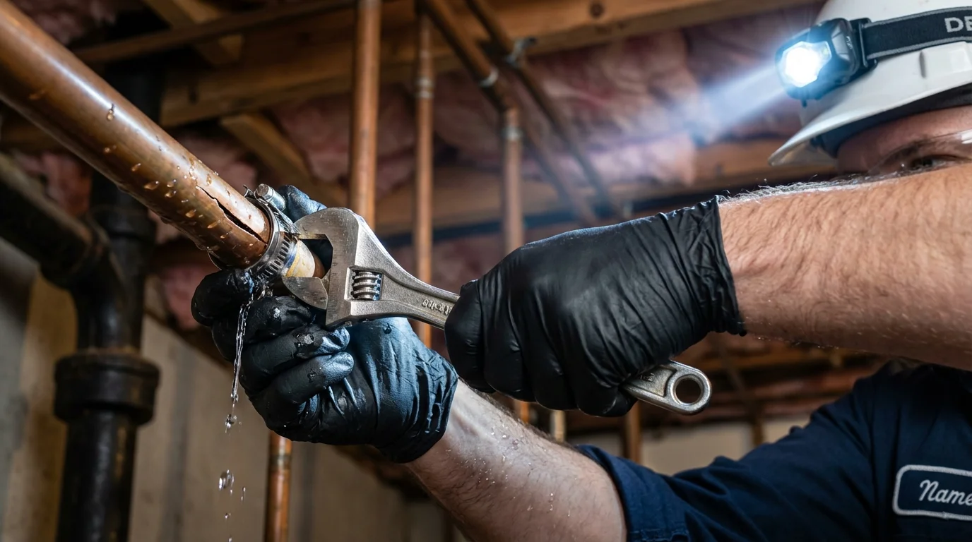 Emergency pipe clamp repair being performed by a Johns Plumbing LLC plumber in Dallesport