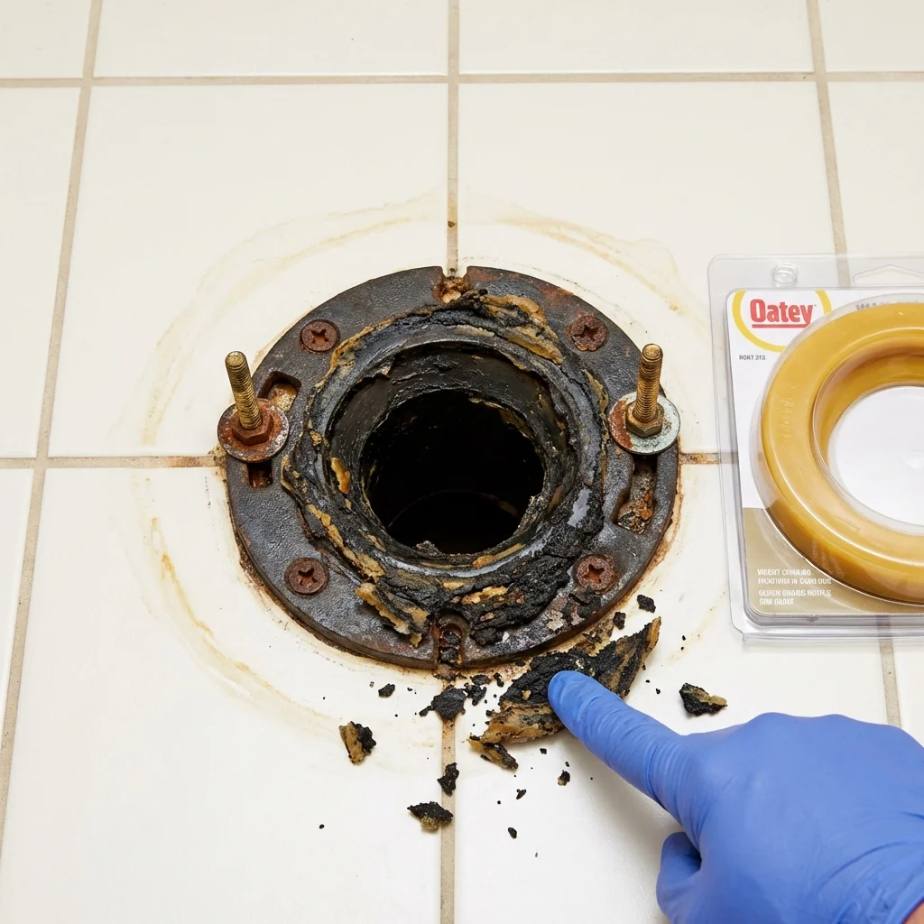 Failed wax ring showing water seepage at the base of a toilet in a Dallesport, WA home