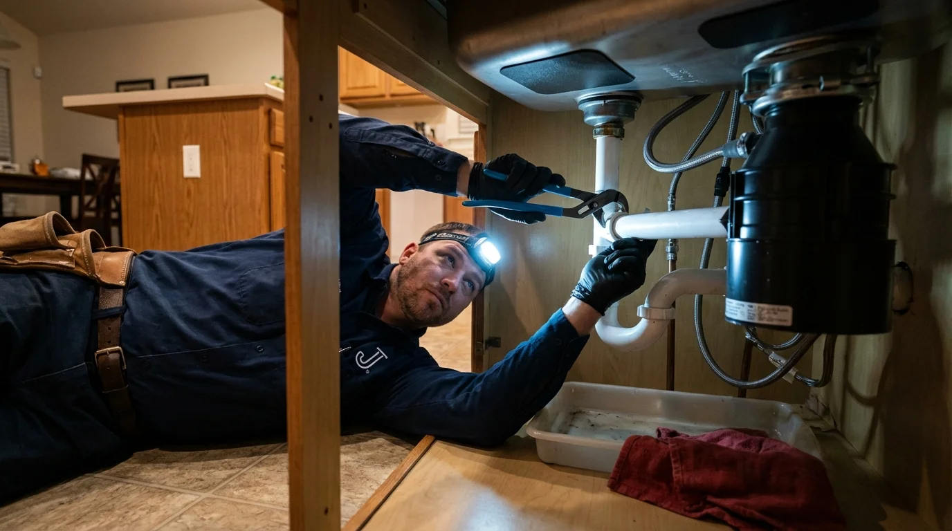 P-trap and supply line connections under a kitchen sink showing a common leak point in Dallesport, WA